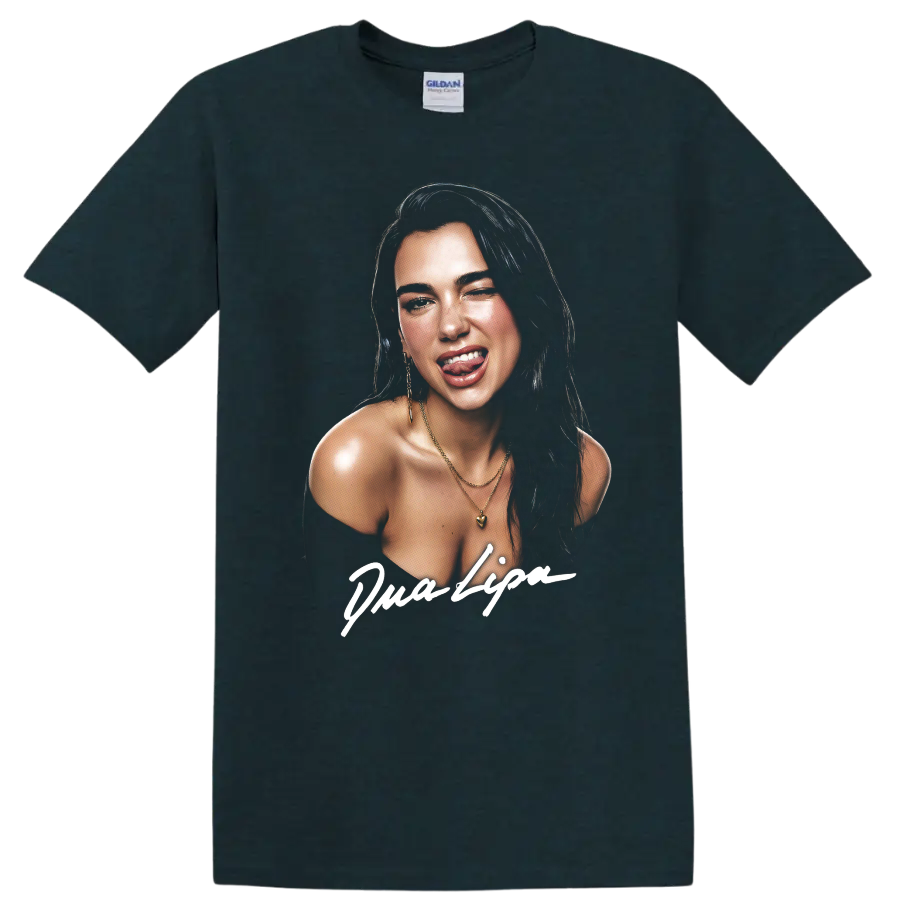 Dua Lipa digital art portrait with bold white script lettering on a Midnight (Green) T Shirt