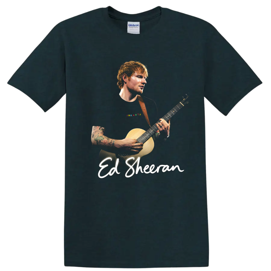 Ed Sheeran playing acoustic guitar with script name lettering on a Midnight (Green) T Shirt