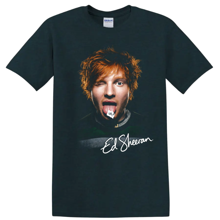 Ed Sheeran mixed-media portrait with signature-style name graphic on a Midnight (Green) T Shirt