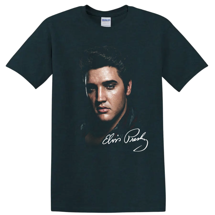 Elvis Presley vintage pencil-style portrait with signature accent on a Midnight (Green) T Shirt