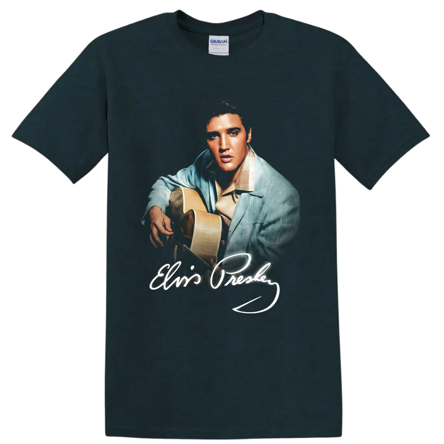 Elvis Presley guitar portrait pop-art design with signature on a Midnight (Green) T Shirt