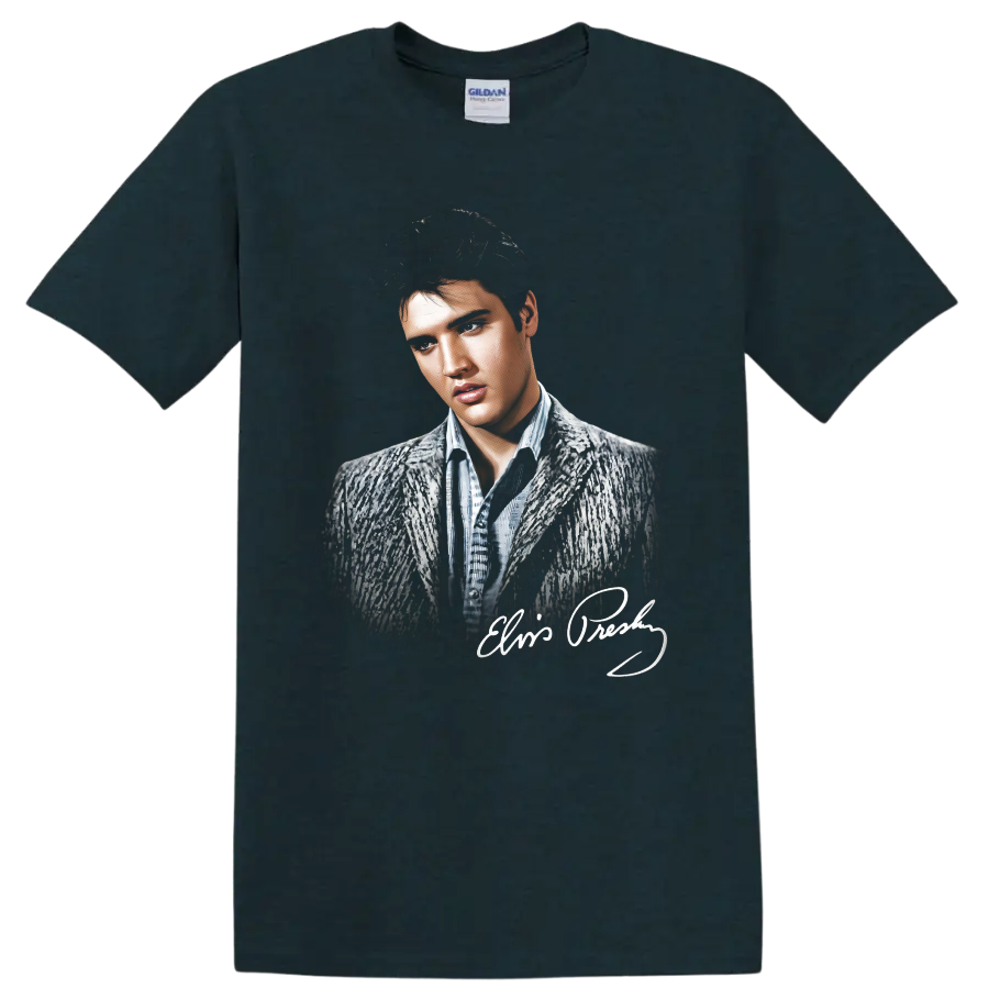 Monochrome Elvis Presley portrait with signature-style graphic on a Midnight (Green) T Shirt