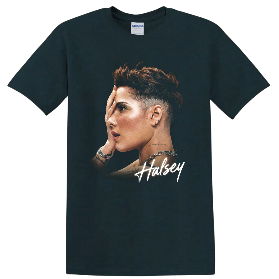 Halsey singer portrait graphic print with white signature lettering on a Midnight (Green) T Shirt