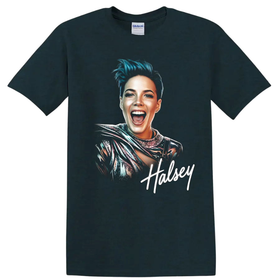 Halsey pop-art portrait with teal hair and handwritten signature on a Midnight (Green) T Shirt