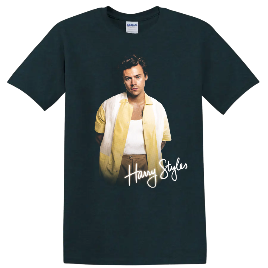 Harry Styles portrait with handwritten Harry Styles lettering on a Midnight (Green) T Shirt