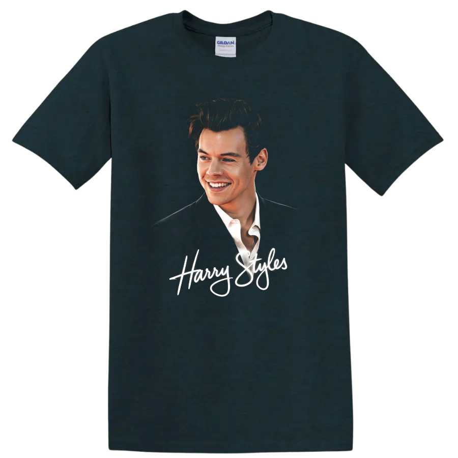 Harry Styles watercolor-style portrait with white script lettering on a Midnight (Green) T Shirt