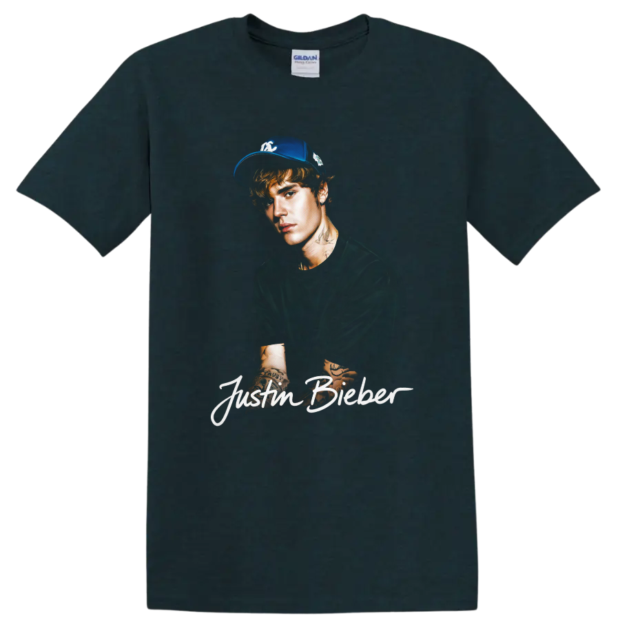 Justin Bieber portrait fan-art sketch with script lettering on a Midnight (Green) T Shirt