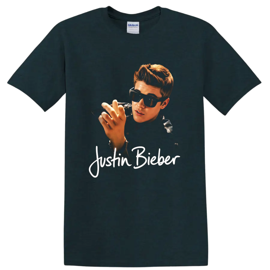 Justin Bieber portrait graphic with sunglasses and white script text on a Midnight (Green) T Shirt