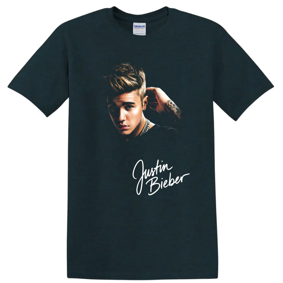 Justin Bieber portrait in pencil-drawing fan-art style on a Midnight (Green) T Shirt