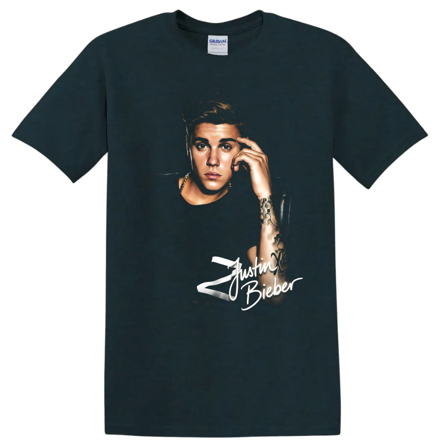Justin Bieber portrait graphic with white signature-style text on a Midnight (Green) T Shirt