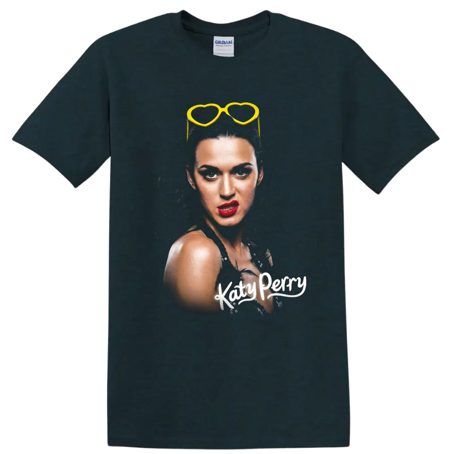 Katy Perry portrait graphic with yellow heart-shaped sunglasses on a Midnight (Green) T Shirt