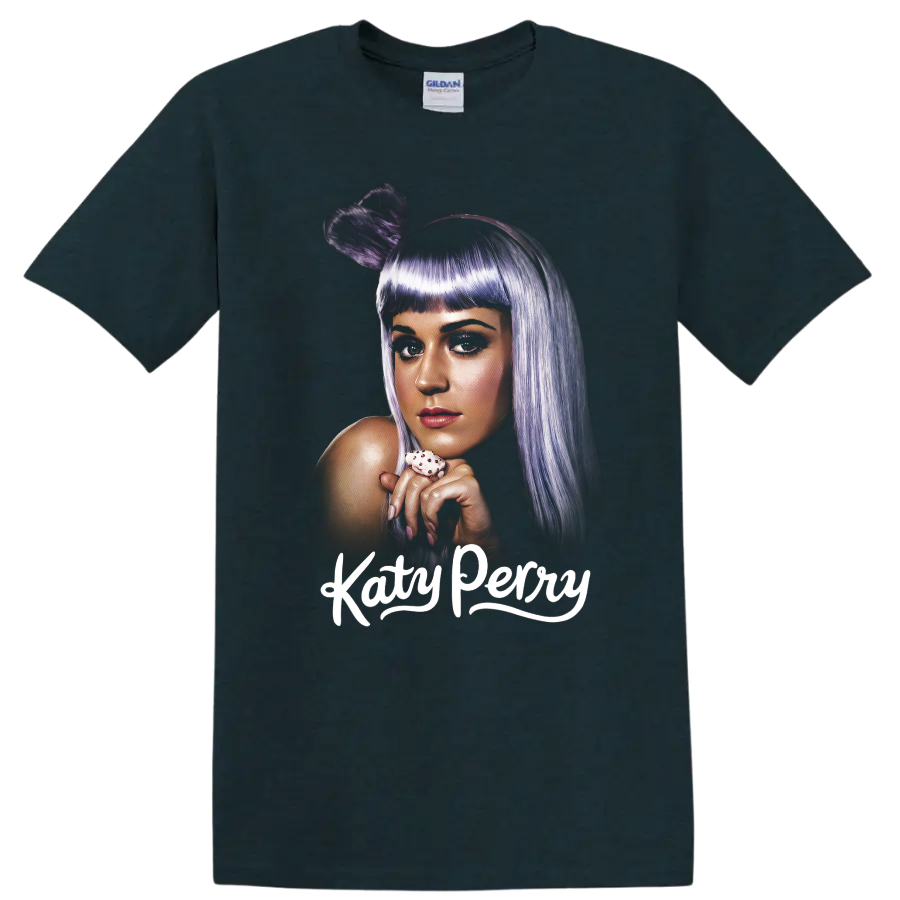 Stylized Katy Perry portrait with purple hair and white Katy Perry text on a Midnight (Green) T Shirt