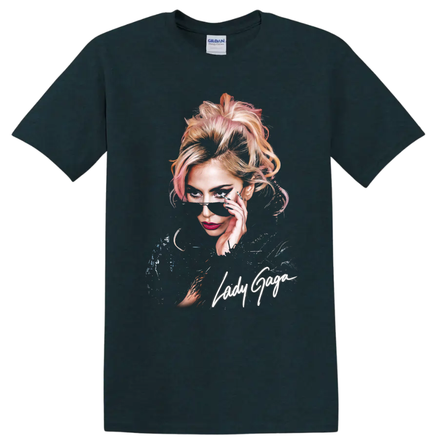 Lady Gaga pop-art portrait with handwritten Lady Gaga lettering on a Midnight (Green) T Shirt