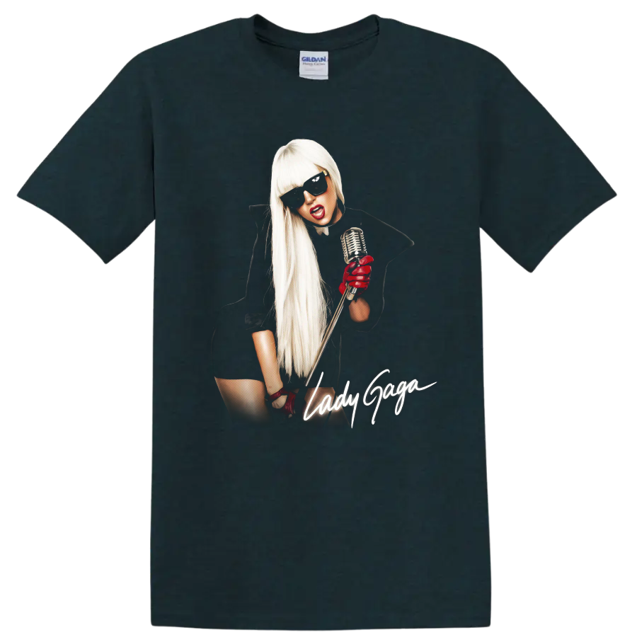 Lady Gaga pop art portrait with microphone, sunglasses, and script text on a Midnight (Green) T Shirt