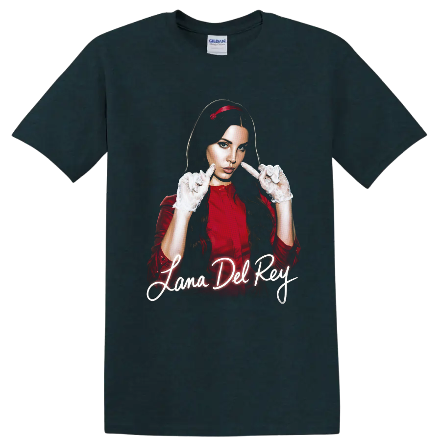Lana Del Rey digital fan-art portrait with glowing script text on a Midnight (Green) T Shirt