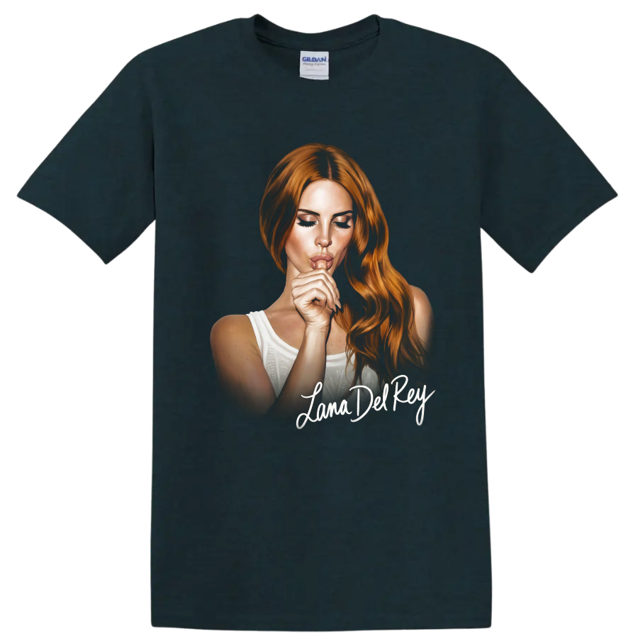 Lana Del Rey digital portrait fan art with white script lettering on a Midnight (Green) T Shirt