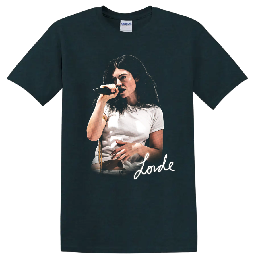 Lorde singer portrait performing with a microphone and signature on a Midnight (Green) T Shirt
