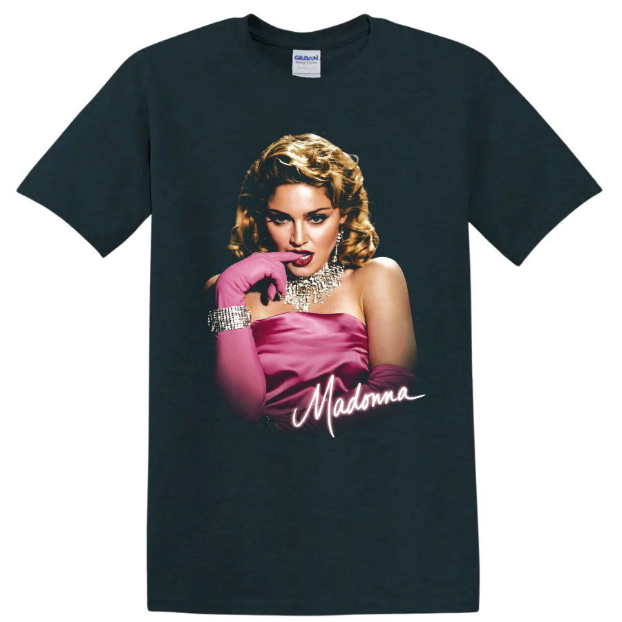 Madonna Material Girl era pink glamour portrait with script lettering on a Midnight (Green) T Shirt