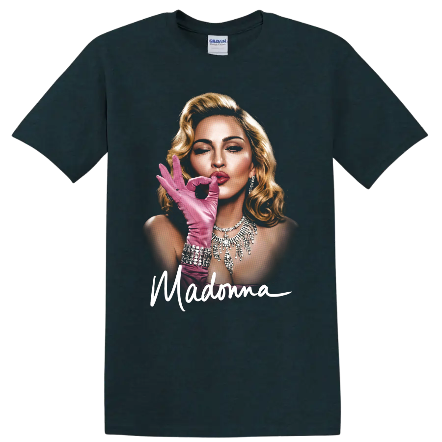 Madonna pop art portrait with pink glove and script lettering on a Midnight (Green) T Shirt