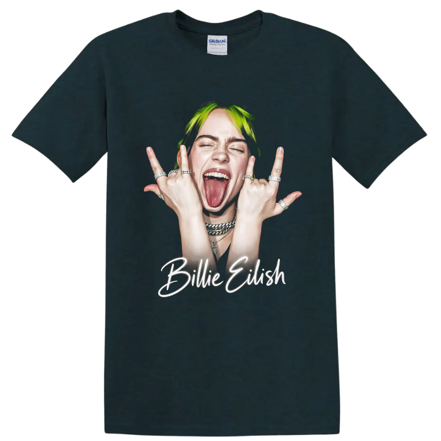 Billie Eilish neon pop art portrait with glowing script lettering on a Midnight (Green) T Shirt