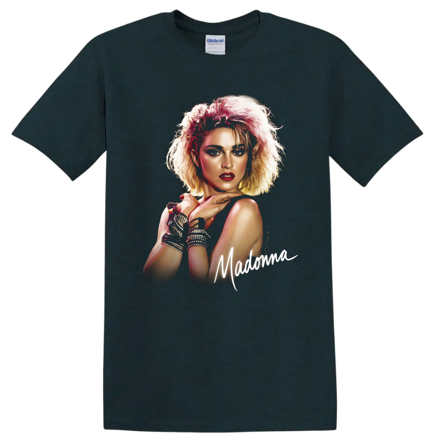 Madonna Like a Virgin pop art portrait with handwritten Madonna lettering on a Midnight (Green) T Shirt