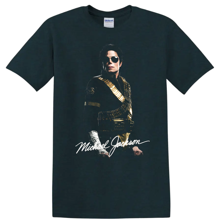Michael Jackson Dangerous era portrait graphic with signature lettering on a Midnight (Green) T Shirt
