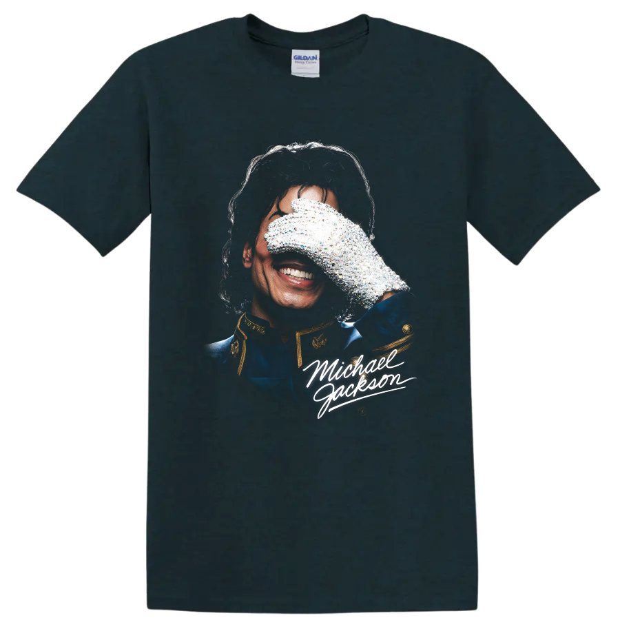 Michael Jackson portrait with signature glove and white script graphic on a Midnight (Green) T Shirt