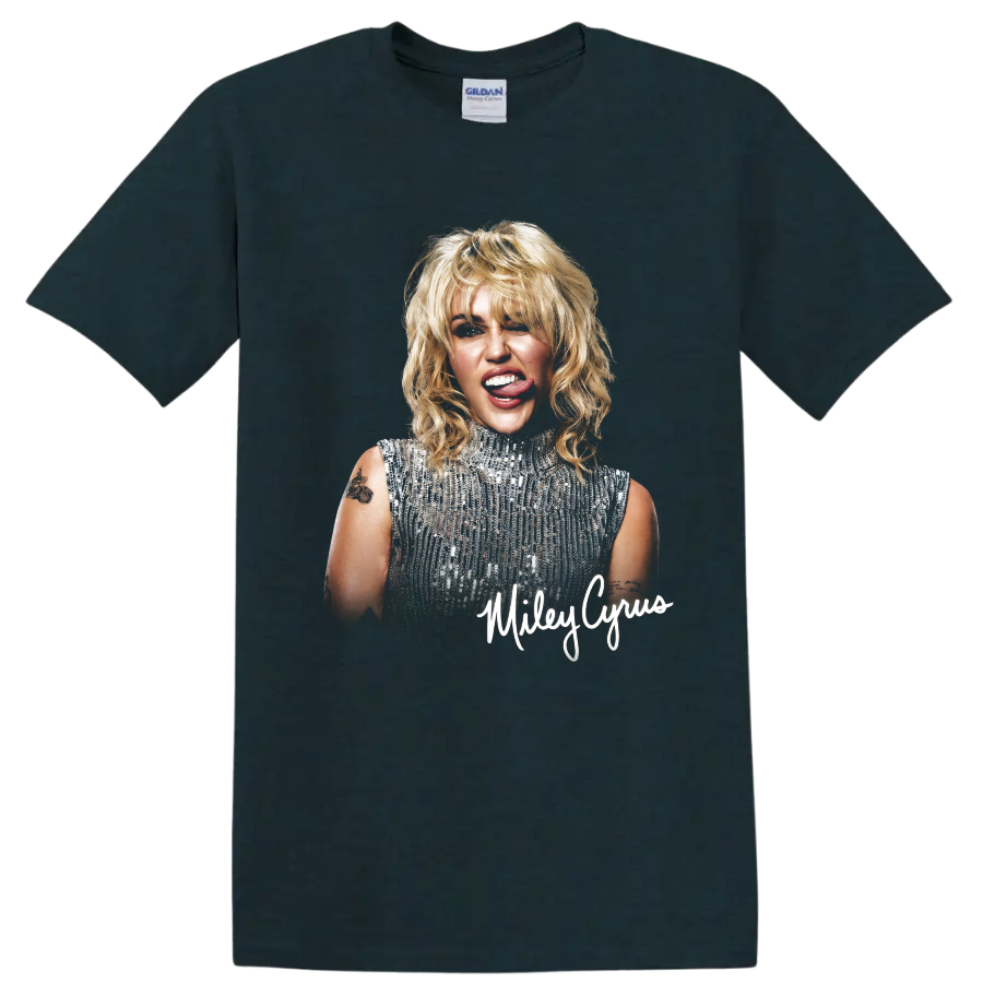 Miley Cyrus portrait with silver sequin top and signature-style name on a Midnight (Green) T Shirt