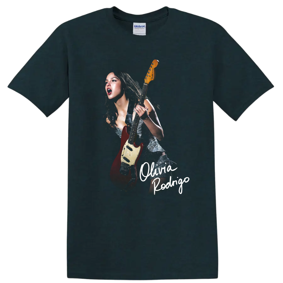 Olivia Rodrigo performing with red electric guitar and handwritten name design on a Midnight (Green) T Shirt