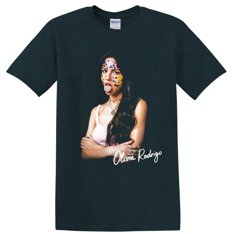 Olivia Rodrigo colorful SOUR-inspired portrait graphic with sticker details on a Midnight (Green) T Shirt