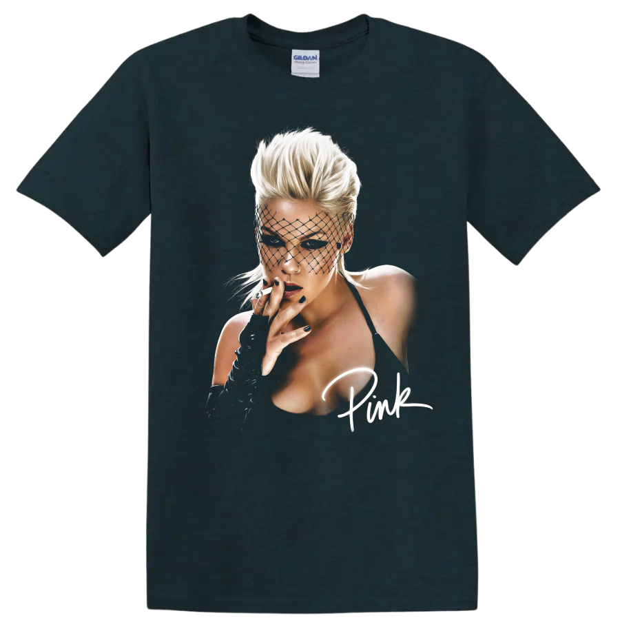 P!nk pop star portrait with aerial performer styling on a Midnight (Green) T Shirt