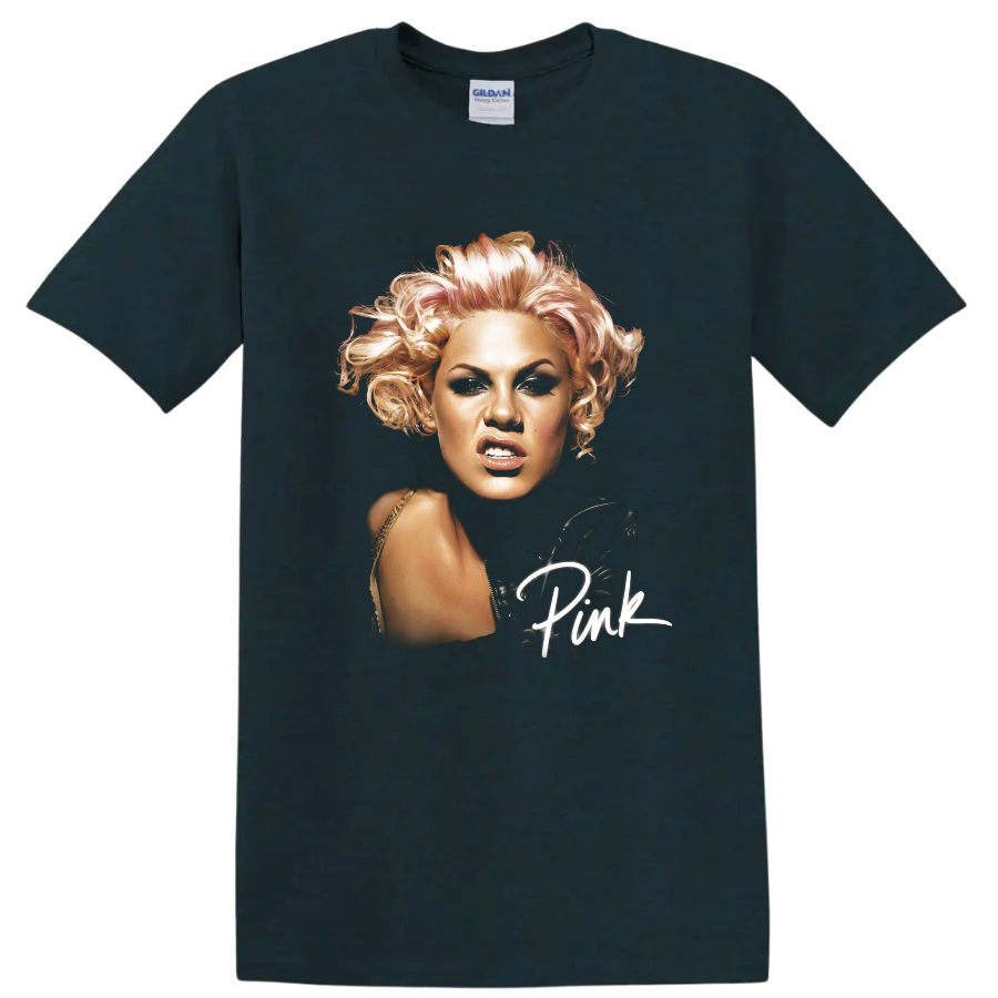 P!nk comic-book-style portrait with handwritten Pink script lettering on a Midnight (Green) T Shirt