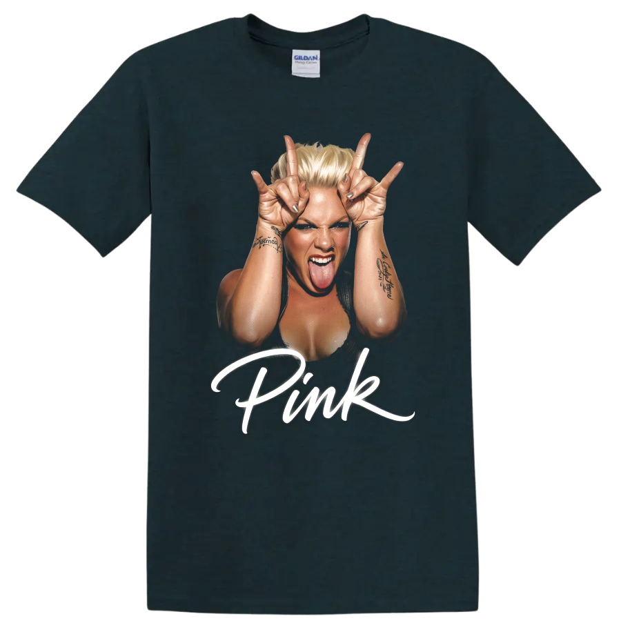 P!nk portrait graphic with raised rock hand gestures and white script on a Midnight (Green) T Shirt