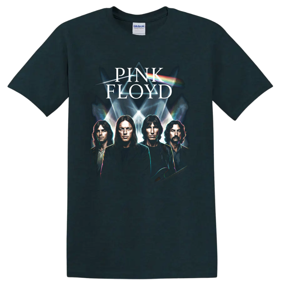 Pink Floyd Dark Side prism graphic with band portraits and rainbow light on a Midnight (Green) T Shirt