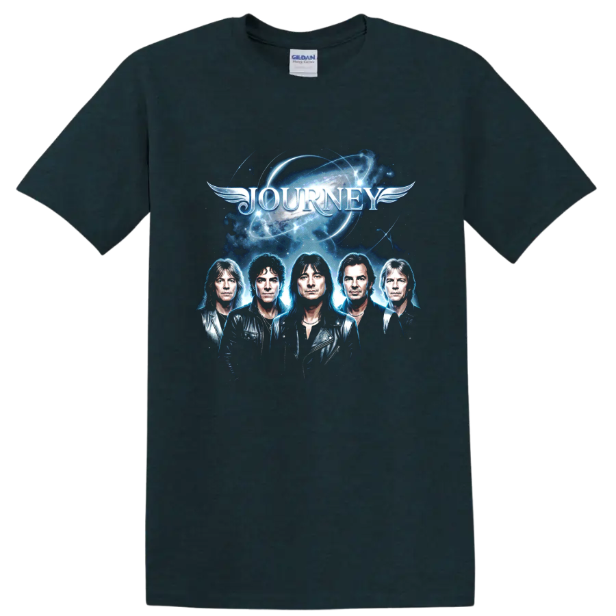 Journey classic rock band portraits with winged cosmic logo on a Midnight (Green) T Shirt