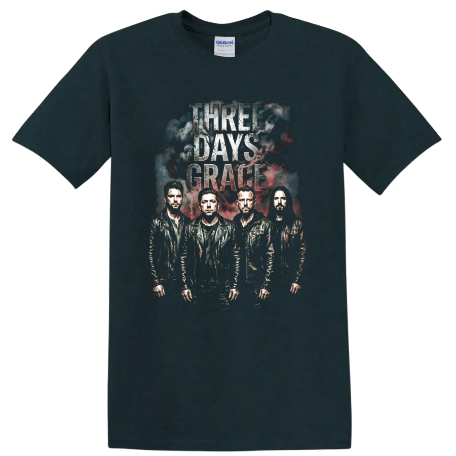 Three Days Grace vintage rock band graphic with four portraits and distressed lettering on a Midnight (Green) T Shirt
