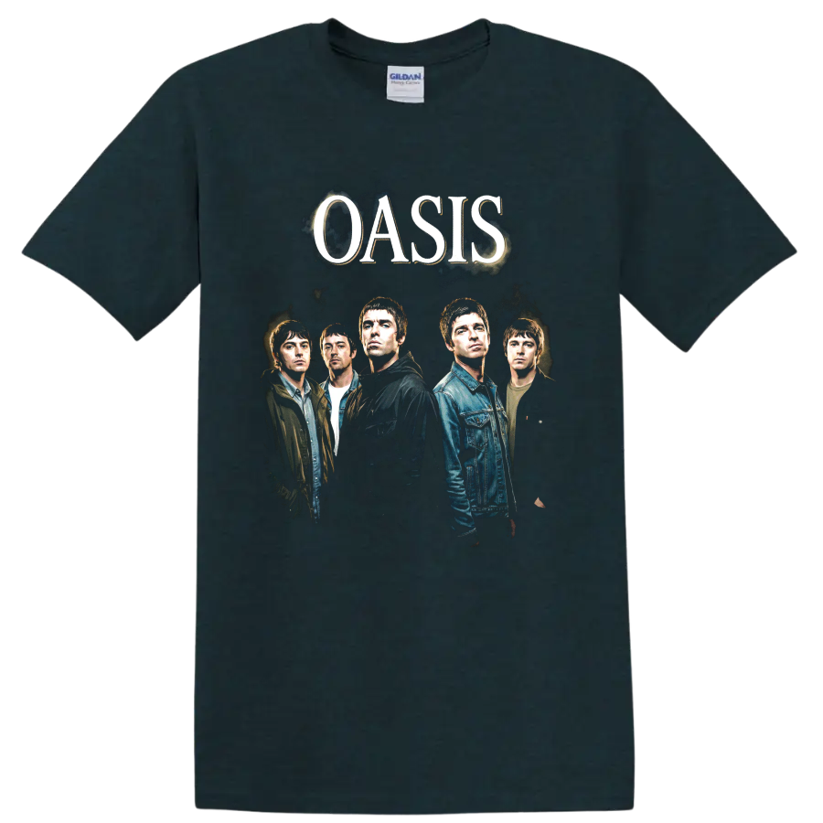 Oasis band portrait with Liam Gallagher and large OASIS lettering on a Midnight (Green) T Shirt