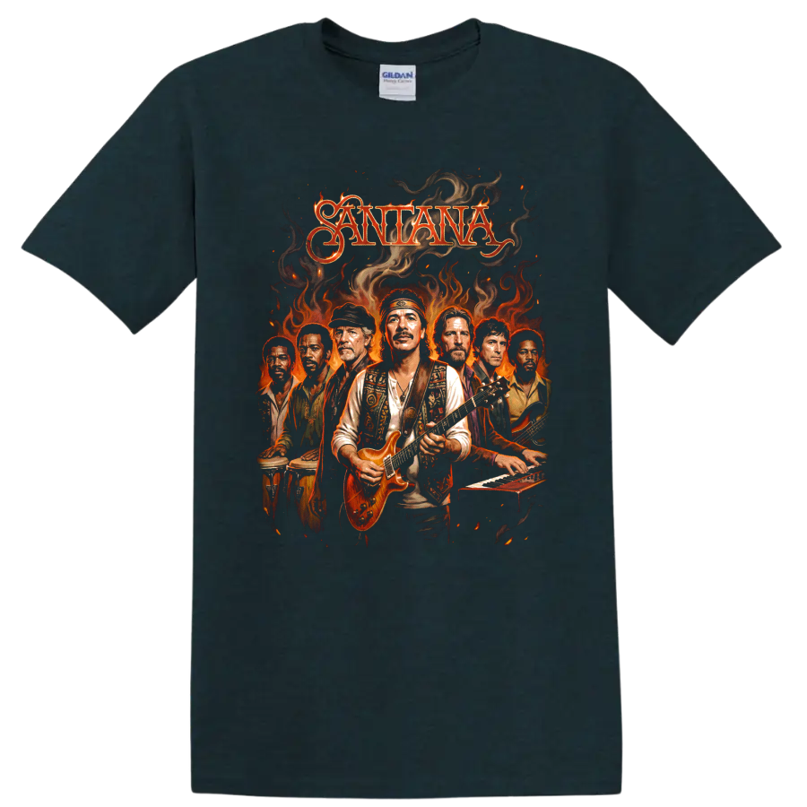 Carlos Santana and Santana Latin rock band with electric guitar and flames on a Midnight (Green) T Shirt
