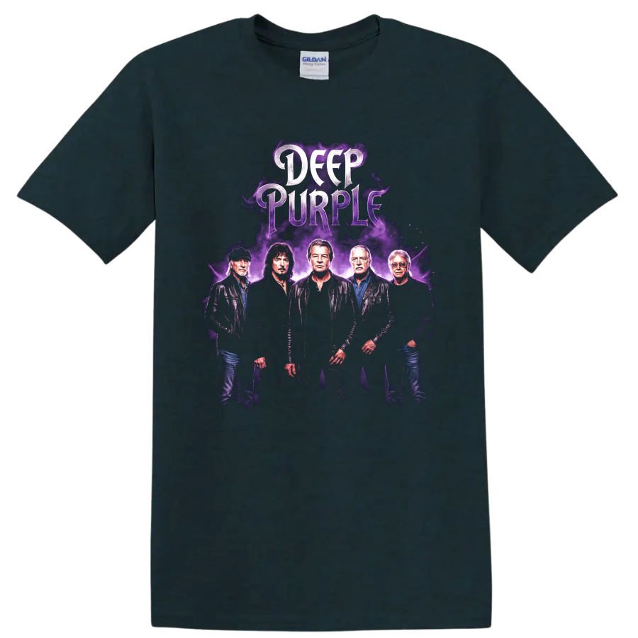 Deep Purple band poster with purple smoke and distressed lettering on a Midnight (Green) T Shirt