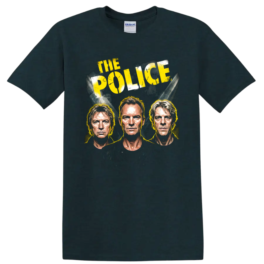 The Police distressed rock portrait graphic with Sting, Summers and Copeland on a Midnight (Green) T Shirt