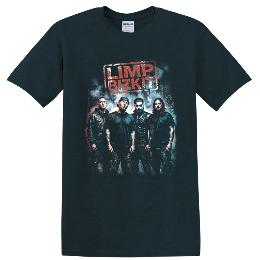 Limp Bizkit band members poster with distressed nu metal graphic lettering on a Midnight (Green) T Shirt