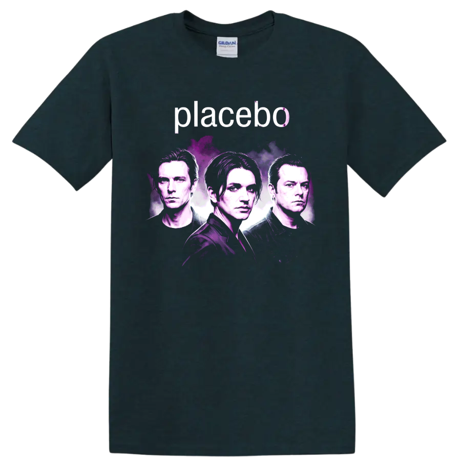 Placebo band portrait graphic with pink and purple paint-splash artwork on a Midnight (Green) T Shirt