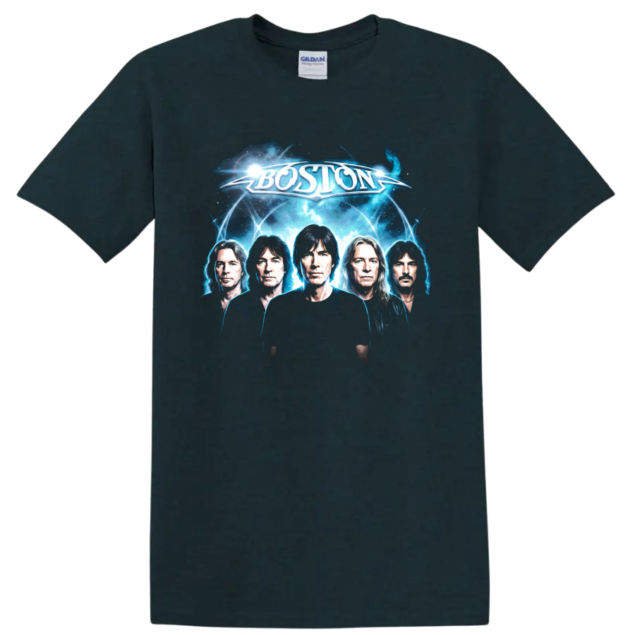 Boston rock band futuristic cosmic portrait with glowing blue energy on a Midnight (Green) T Shirt