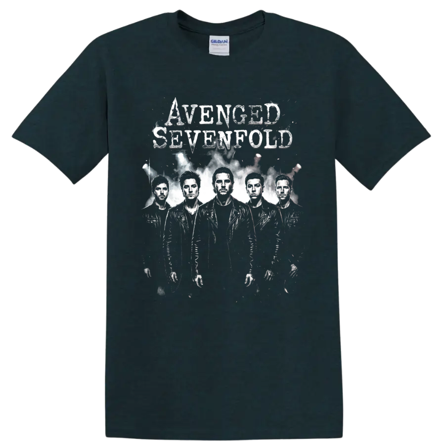 Avenged Sevenfold distressed heavy metal band portrait design on a Midnight (Green) T Shirt