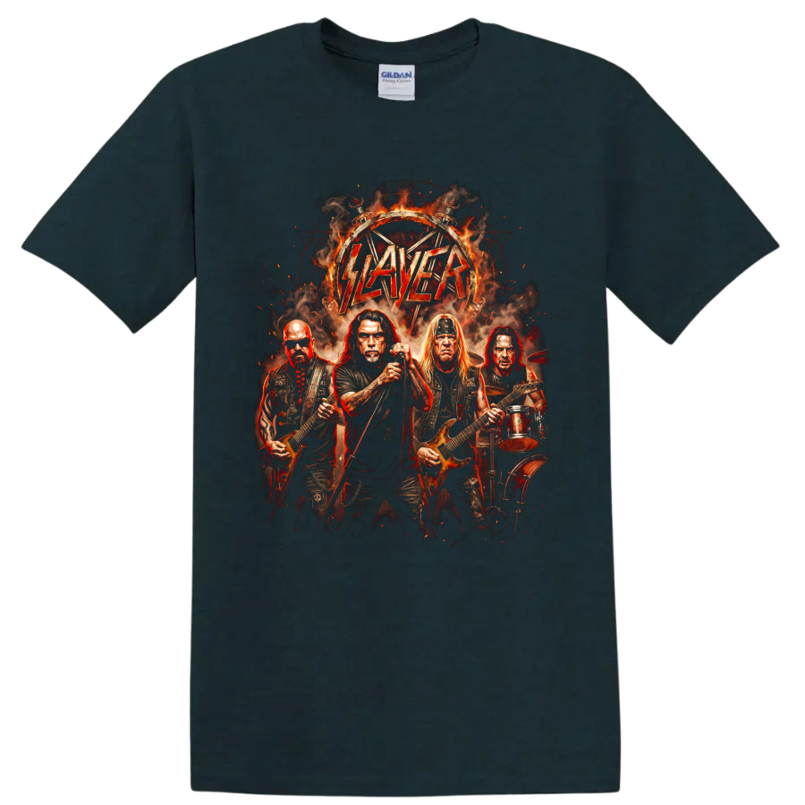Slayer thrash metal band performing in fiery distressed graphic artwork on a Midnight (Green) T Shirt
