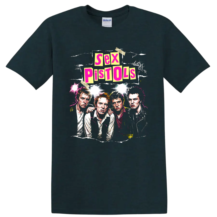 Sex Pistols punk rock band portrait collage with bold distressed lettering on a Midnight (Green) T Shirt
