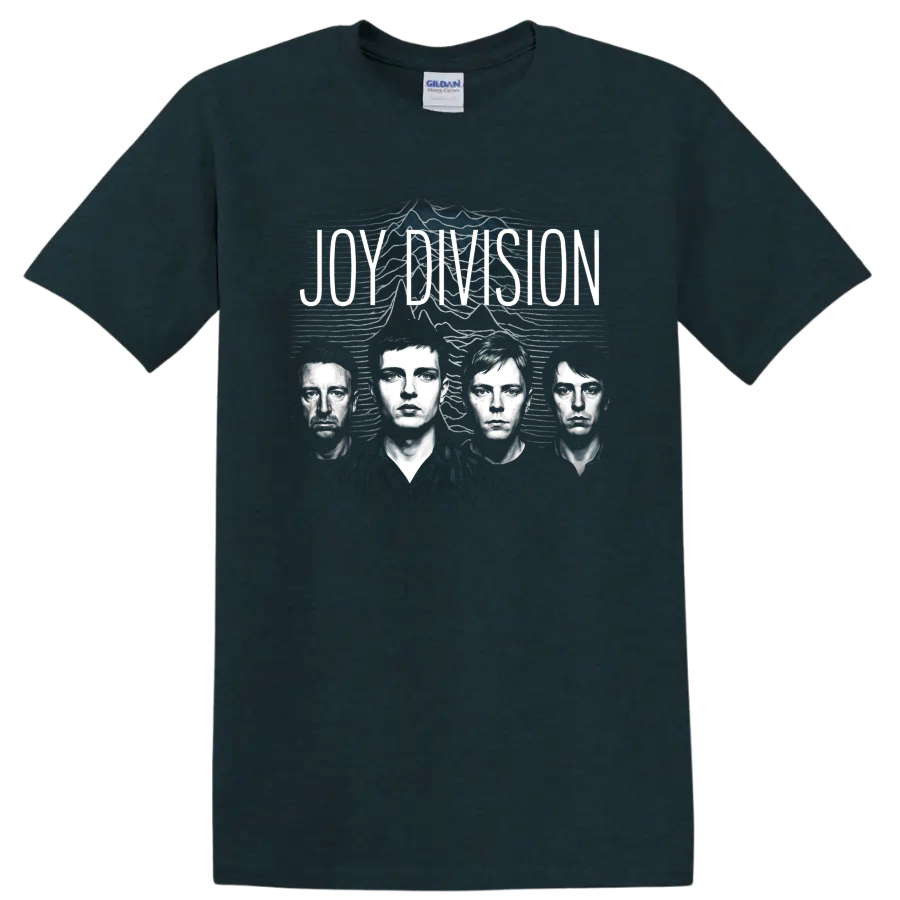 Joy Division post-punk graphic with four monochrome band portraits on a Midnight (Green) T Shirt
