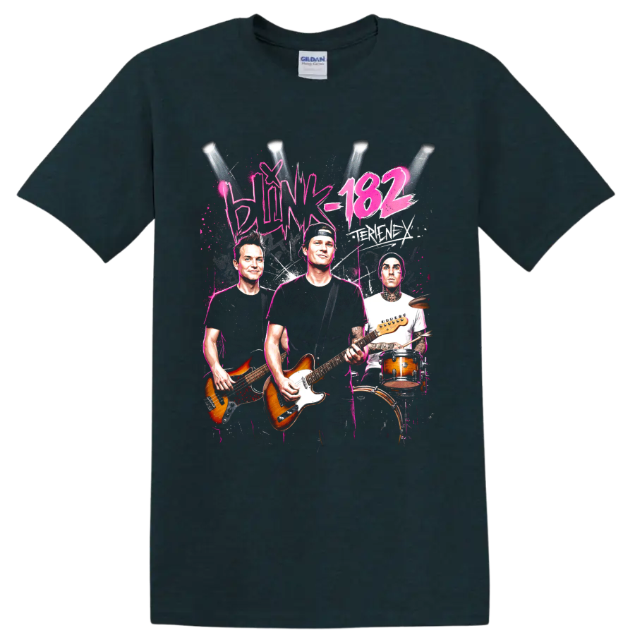 Blink-182 Tom DeLonge rock band graphic with guitars and drummer on a Midnight (Green) T Shirt