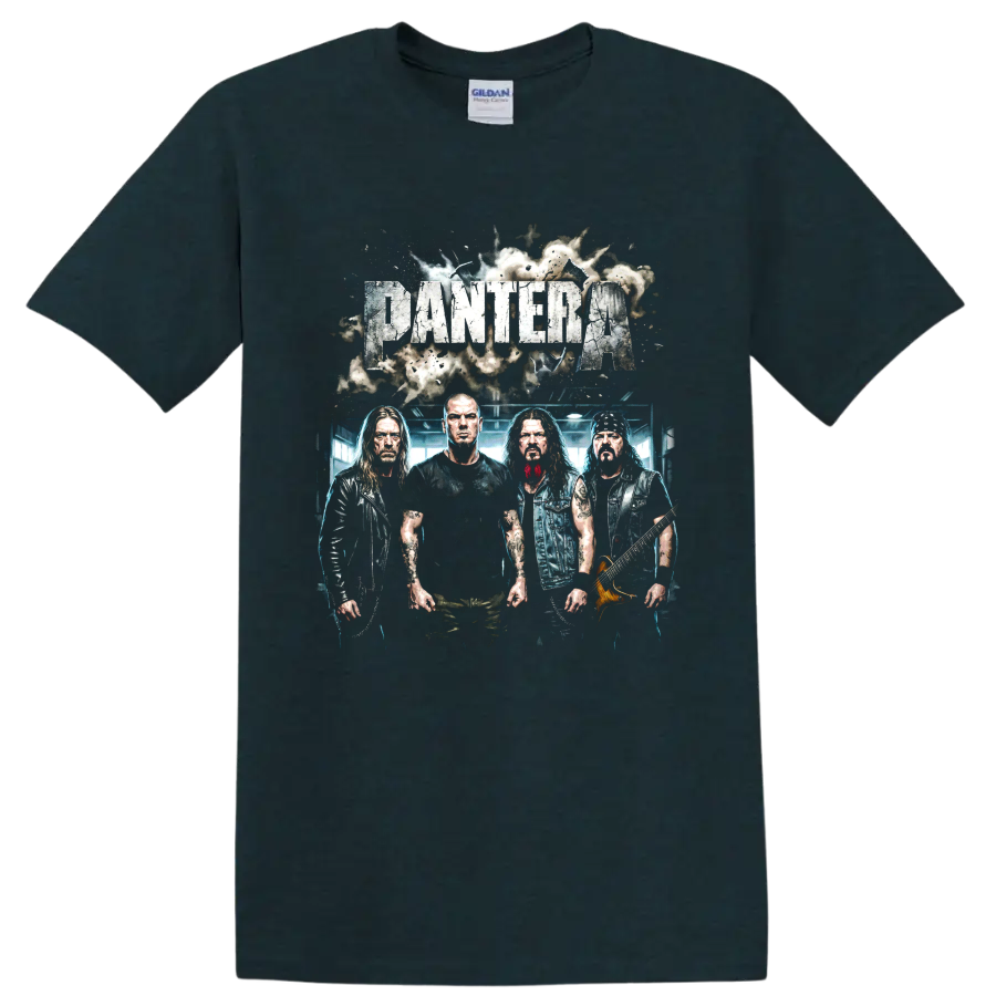 Pantera heavy metal band distressed graphic with four musicians and guitar on a Midnight (Green) T Shirt