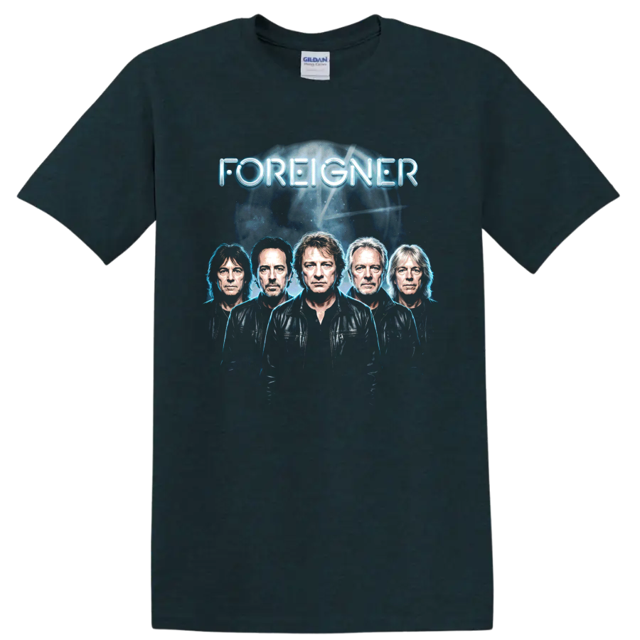 Foreigner classic rock portrait graphic with glowing blue lettering on a Midnight (Green) T Shirt